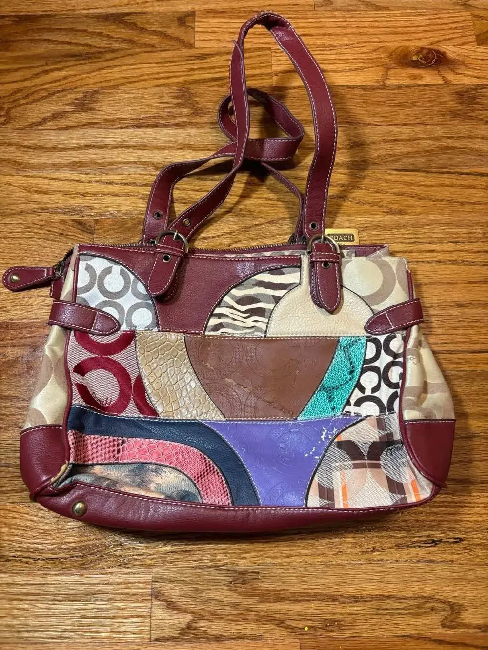 Coach Patchwork Signature C Hobo Shoulder Bag Burgundy